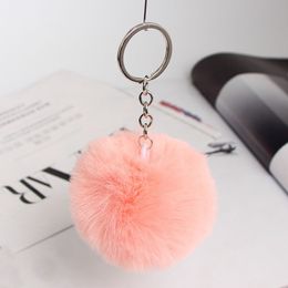 2021 3.15 Inch Fluffy Faux Rabbit Fur Ball Charm Pom Pom Car Keychain Handbag Key Ring 24 Color
