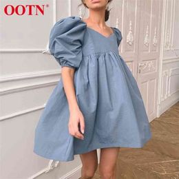 OOTN Square Neck Sexy Summer Mini Dress Short Sleeve Female High Waist Black Loose A Line Women Puff Blue Cotton 210623