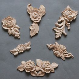 furniture mouldings UK - 1PC New Flower Wood Carving Natural Wood Appliques for Furniture Cabinet Unpainted Wooden Mouldings Decal Decorative Figurine C0220