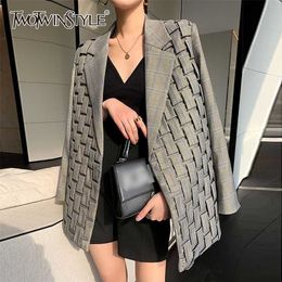 TWOTWINSTYLE Casual Plaid Blazer For Women Notched Long Sleeve Korean Ruched Loose Blazers Female Fashion Clothing 211122