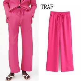 TRAF Za Woman Pants y2k Rose Red Elastic High Waisted Trousers Suits Women Summer Chic Loose Pocket Straight 210925