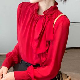Long Sleeve Blouse Women Blusas Mujer De Moda Elegantes Ruffles Red Chiffon Blouse Shirt Tops Women Clothing Blusa E570 210602