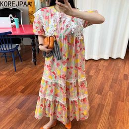 Korejpaa Women Dress Summer Korean Chic Western Style Lapel Floral Embellished Loose Lace Stitching Fruit Print Vestidos 210526