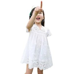 Girls clothes summer 2021 girls cotton lace dress for kids children clothing white lace princess korean cute dress size 100-140 Q0716