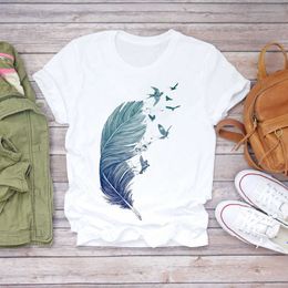 Women Feather 90s Printing Style Short Sleeve Fashion Print Lady T-shirts Top Womens Stylish T Shirt Ladies 2021 Tee T-Shirt Y0629