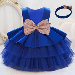 New 2021 Formal Child Baptism First 1st Birthday Dress For Baby Girl Clothing Princess Dresses With Headband Party Dress Bowknot G1129