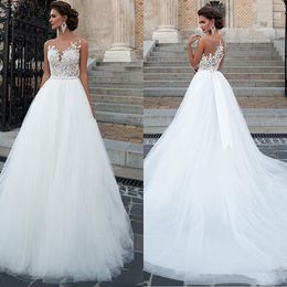-Sexy vestidos de boda blancos vestidos de bola apliqueada encaje tul largo esponjosa mujer mujer nupcial vestido boda vestido de noiva