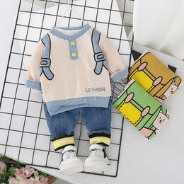 HYLKIDHUOSE Baby Girls Boys Sets Toddler Infant Clothes Spring Cute Backpack T Shirt Jeans Children Clothing 210309