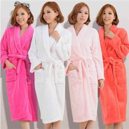 Women Men Flannel Bath Robe Sleepwear Autumn Winter Solid Plush Couple Bathrobe Thick Warm Female Robe Drop 210831