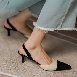 Womens genuine leather patchwork slingback slip-on pumps elegant ladies thin high heel pointed toe evening dress single shoes
