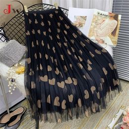 Spring and Summer Mesh Long Women's Skirts High Waist Love Printed Elegant A-Line Pleated Skirt Fashion 220312