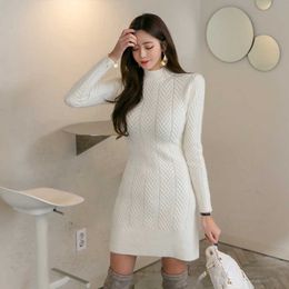 Autumn Winter Solid Color Turtleneck Mini Knitted Sweater Dress Women Bodycon Pencil Bottoming dresses Vestidos 210529