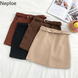 Neploe High Waist Hip Women Skirt Solid A-line Pocket Jupe Femme Autumn Winter Wild Boycon Outwear Sashes Faldas Mujer 48043 210310