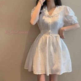 Fashion Women's French Lace Doll Collar slim Waist white Dress Summer 2021 New Women's fashion puff sleeve vestidos X0521