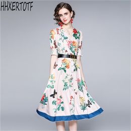 summer fashion Designer flower Printing casual Women short Sleeve V neck Vintage Dress 210531