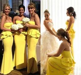 Yellow Bridesmaid Dresses 2021 Peplum Chiffon Sweetheart Neckline Floor Length Custom Made Maid of Honor Gown Country Wedding Party Wear