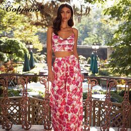 Colysmo Floral Two Piece Pants Set Backless Tie up Crop Tops Loose High Waist Lounge Beach Print Casual Summer Clothes 210527