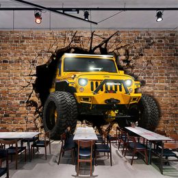 Personalized Customization Yellow Jeep Car Broken Wall Brick Wallpaper Restaurant Cafe Bar KTV Backdrop Wall 3D Mural Wall Paper