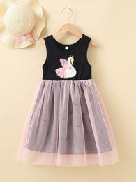 Girls Swan Embroidery Bow Front Mesh Overlay Dress SHE