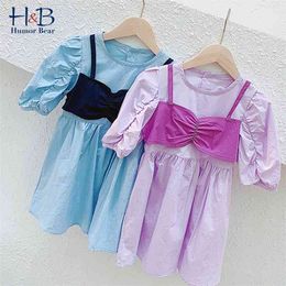 Girls Dress Summer Puff-Sleeve Fake Two Piece Korea Style Princess Toddler Kids Clothes 210611