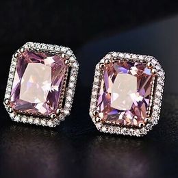 2021 Gorgeous Big Princess Square Pink CZ Stud Earrings Romantic Bridal Wedding Engagement Party Fashion Jewelry Earring