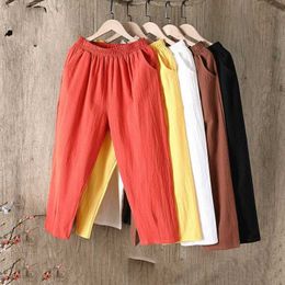 Cotton Linen Pants Women Spring Summer Large Size Solid Color Harem Pants Elastic Waist Loose Casual Woman's Linen Trousers Q0801