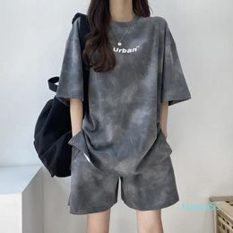 Women's Tracksuits Cotton Two Piece Sets Dark Grey Tie Dye Hip Hop Clothes 2021 Summer Harajuku Casual Tracksuit Plus Size Shorts Korean Fas