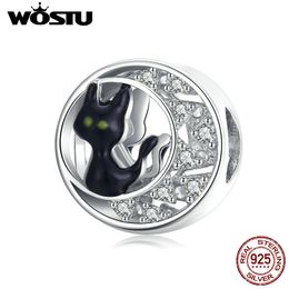 WOSTU Halloween Black Cat Charms 925 Sterling Silver Enamel Zircon Round Beads Fit Original Bracelet Necklace Jewel;ry CTC325 Q0531