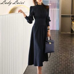 Spring Solid A-line Dress Women Plus Size Navy Blue Full puff Sleeve Stand neck Casual Office Elegant Work es 210529