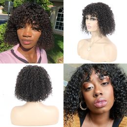 Short Bob Wigs Bohemian Curly Natural Color Peruvian Human Hair with Bangs 150% Density