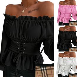 Slash Neck Women Shirt And Blouses Long Sleeve Ruffle Corset Ladies Tops Blouses Autumn Spring White Black Pink Female Shirt D25 21302