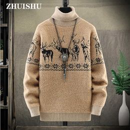 Mens Fashion s Sweaters Harajuku Deer Design Sweatercoat Fuzz Turtleneck Long-Sleeve Pullover Casual Clothing Male Knitwear 211014