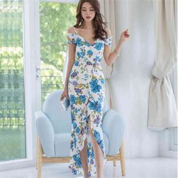 Long Dress for women Summer maxi floral Off shoulder V neck polyester elegant print ladies Sexy Party Dresses 210602