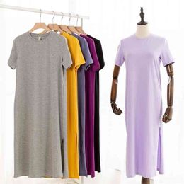 94% Cotton 6% Spandex Dress Casual Loose Short Sleeve O-Neck Split Out Women Dresses Plus Size Vestido Sales M305 210623