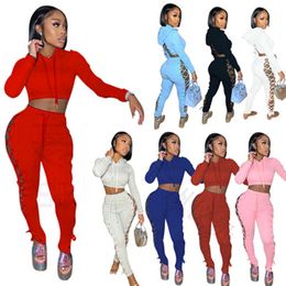 Womens Solid Hoodies Tracksuits Fashion Bandage Hollow out Hooded Tops Pencil Pants Casual Outfits Designer Female Fall Two Piece Sets