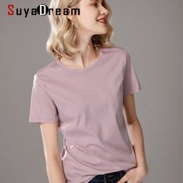 SuyaDream Women Solid T shirts Cotton and Silk mix Plain O neck Short Sleeved Shirts Summer Candy Colors Basic Top 210310