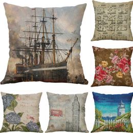 Cushion/Decorative Pillow Fashion 18" Printing Retro Sea Horse Whale Flower Cotton Linen Pillows Case Home Decor