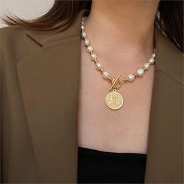 24K Gold Plated Coin Bead Natural Fresh Water Baroque Pearl Neckalce For Women Pendants Toggle Chian 45cm Girl Jewellery Gift