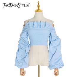 TWOTWINSTYLE Ruched Ruffles Blouses Womens Slash Neck Lantern Long Sleeve Slim Short Shirts For Female Fashion Clothes Tide 210302