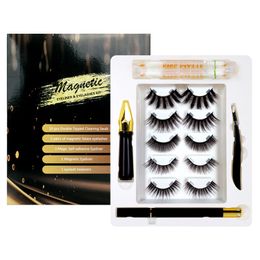 Upgrade Magnetic Eyeliner & Eyelashes Kit Hand Made 5 Pairs Natural Thick Fake Lashes Set With Magnet Liquid Eyeliner + Tweezer DHL Free