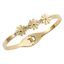 Gold Colour Crystal Charm Bracelets & Bangles Cz Three Flower Women Bangles Stainless Steel Jewellery Birthday Party Gifts Q0719