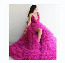 Princess Pink Evening Dresses Sleeveless Sash V Neck Lace Appliques Prom Gown Custom Made Formal Party Tiered Ruffles Side Split Vestido de novia