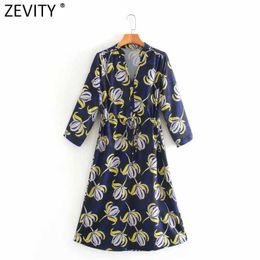 Zevity Women Elegant V Neck Flower Print Lace Up Casual Kimono Dress Ladies Retro Chic Three Quarter Sleeve Party Vestido DS4760 210603