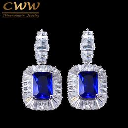 Fashion Jewelry White And Royal Blue Crystal Square Drop Dangle Cubic Zirconia Earrings For Women CZ293 210714