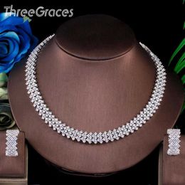 ThreeGraces Sparkling White Cubic Zirconia Crystal Big Earrings Necklace Jewelry Set Women Wedding Party Dress Accessories TZ569 H1022