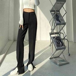 Vintage Long Flare Pants Women Korean Streetwear Sexy High Elastic Waist Trousers Lady Split White Black Bell Bottom 210915