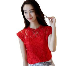 M-5XL Hollow Out Lace Blouse Elegant Shirt Ladies Tops Crochet Short Sleeve Bottoming Shirt Blouses DF1618 210609