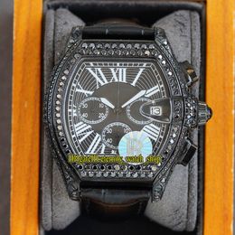 TWF Tortue XL tw62020X6 Mens Watch Japan Miyota Quartz Chronograph PVD Steel Diamonds Black Roman Dial Iced Out Diamond Case Leath329z