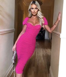 Arrival Women Sexy Designer Mesh Midi Pink Bodycon Dress Ladies Elegant Prom Party Vestido 210527