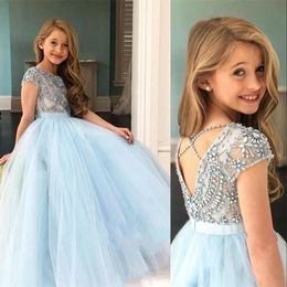 2023 Princess Light Blue Girls Pageant Dresses Jewel Neck Tulle Silver Crystal Beads Short Sleeves Kids Flower Girls Dress Ball Gown Birthday Gowns Floor Length